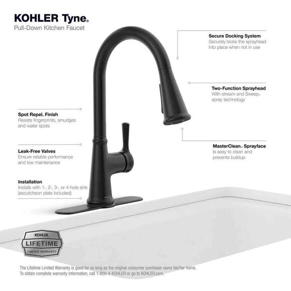 KOHLER Tyne Single-Handle Pull-Down Sprayer Kitchen Faucet in Matte Black - Picture 6 of 8